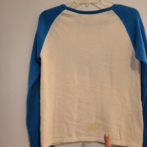 Knitwit 100% cashmere "ROCK' Sweater Creme w/Turquoise long sleeves Nepal Medium - Picture 8 of 10